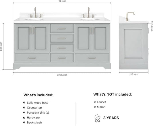 ARIEL Stafford 72-inch Bathroom Vanity with Sink,Solid Wood, 1.5-inch Pure White Quartz Countertop & Backsplash, Double Oval Porcelain Sink, 4 Soft Closing Doors, 6 Dovetail Drawers, Grey