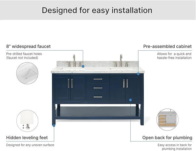 ARIEL Magnolia 60-inch Bathroom Vanity with Sink,Solid Wood, 1.5-inch Italian Carrara Marble Countertop, Double Rectangular Porcelain Sink, 4 Soft Closing Doors, 3 Dovetail Drawers, Midnight Blue