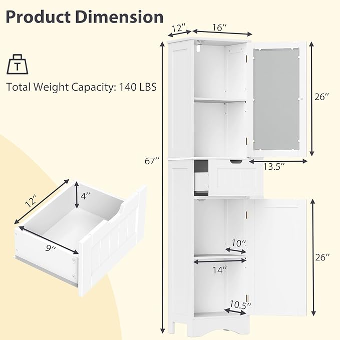 COSTWAY 67” Tall Bathroom Storage Cabinet, Freestanding Floor Cabinet with 2 Doors & 1 Drawer, 3-Level Adjustable Shelves, Narrow Slim Linen Tower for Bathroom, Living Room, Kitchen (White)