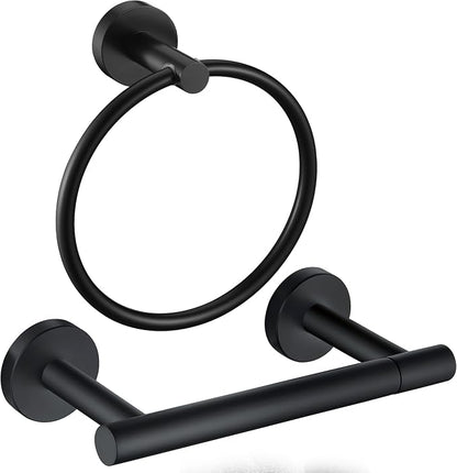 Matte Black Flip Toilet Paper Holder and Hand Towel Ring Set 2 Pieces Bathroom Hardware Accessories Set SUS 304 Stainless Steel Heavy Duty Wall Mounted Bathroom Holder