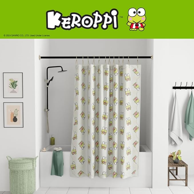 Sanrio Keroppi 13-Piece Shower Curtain Set, 72 x 72 Inch Fabric Curtain with Hooks, Bathroom Decor, Machine Washable, (100% Officially Licensed Product) by Franco Collectibles