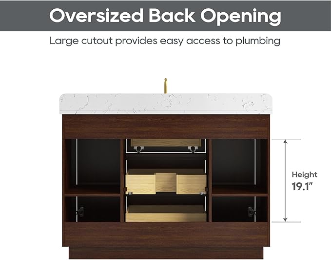 48 Inch Bathroom Vanity with Sink, Solid Wood Frame with Engineered Marble Countertop, Fully-Assembled Vanity with Soft-Close Drawers, Adjustable Feets, Warm Elm