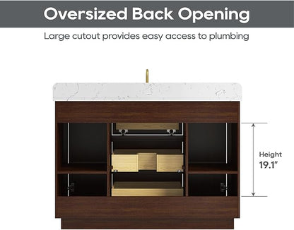 48 Inch Bathroom Vanity with Sink, Solid Wood Frame with Engineered Marble Countertop, Fully-Assembled Vanity with Soft-Close Drawers, Adjustable Feets, Warm Elm