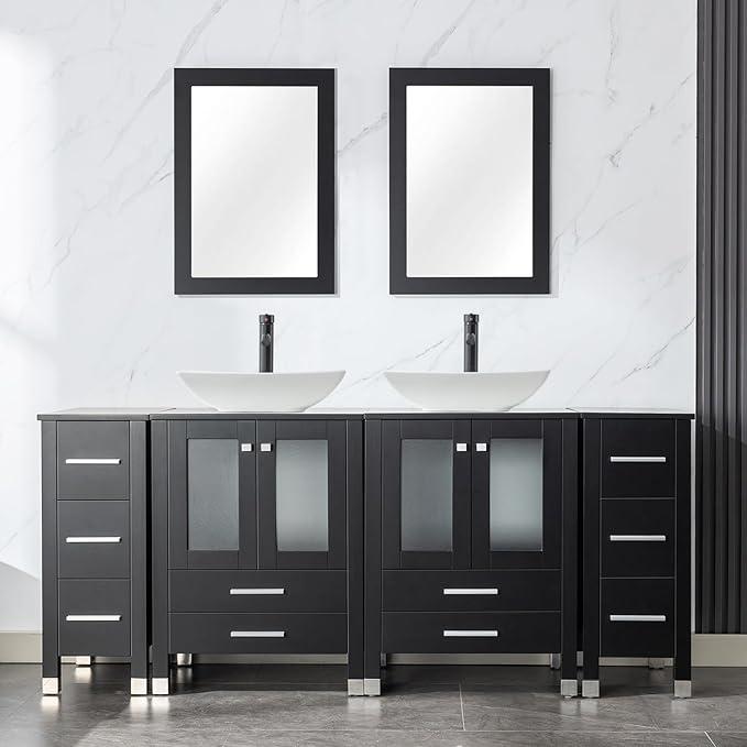 LUCKWIND 72" Double 24-in Bathroom Vanity with Sink Combo, Elegant Series with Two 12.6-in Side Cabinets, Painted Frame, Including Curved Rectangle Sinks, Faucets Without Mirrors, Black
