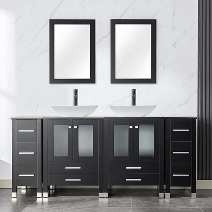LUCKWIND 72" Double 24-in Bathroom Vanity with Sink Combo, Elegant Series with Two 12.6-in Side Cabinets, Painted Frame, Including Curved Rectangle Sinks, Faucets Without Mirrors, Black