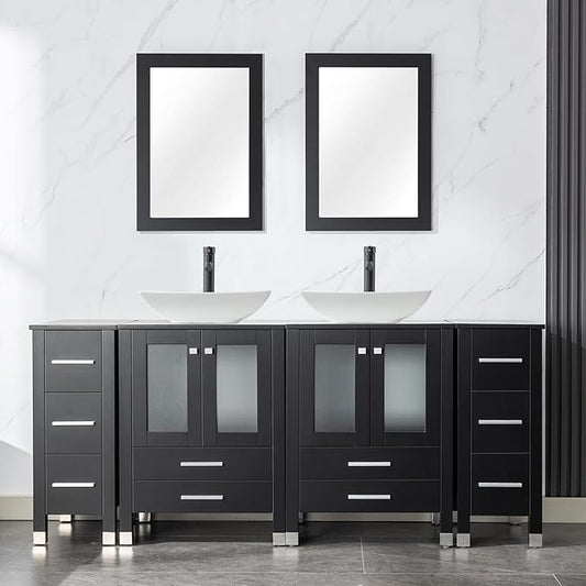LUCKWIND 72" Double 24-in Bathroom Vanity with Sink Combo, Elegant Series with Two 12.6-in Side Cabinets, Painted Frame, Including Curved Rectangle Sinks, Faucets Without Mirrors, Black