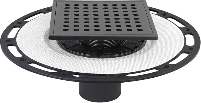 6-Inch Square Shower Drain Kit with Bonding Flange, Matte Black | Removable 304 stainless steel grate with hair strainer; fits 2- and 3-inch pipes for tiled shower floors and wet areas