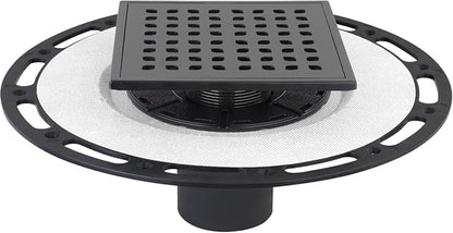 6-Inch Square Shower Drain Kit with Bonding Flange, Matte Black | Removable 304 stainless steel grate with hair strainer; fits 2- and 3-inch pipes for tiled shower floors and wet areas