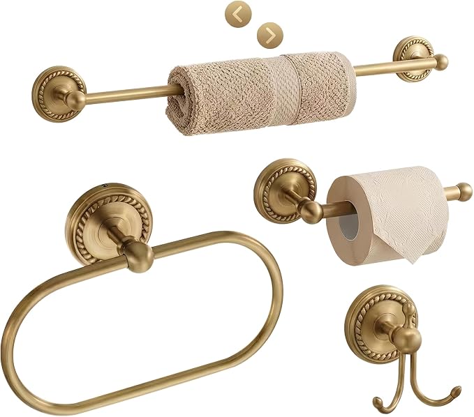 Antique Brass Bathroom Hardware Set 4 Pcs Gold Bathroom Accessories, Vintage Bath Towel Bar Toilet Paper Holder Towel Ring & Double Robe Hook Kit for Shower Room Wall Mounted
