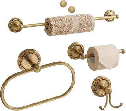 Antique Brass Bathroom Hardware Set 4 Pcs Gold Bathroom Accessories, Vintage Bath Towel Bar Toilet Paper Holder Towel Ring & Double Robe Hook Kit for Shower Room Wall Mounted