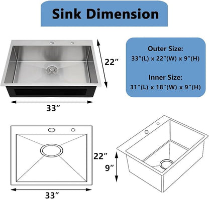 VAPSINT 33x22 Drop In Kitchen Sink, 33 Inch Stainless Steel Top Mount Single Bowl Sink for Kitchen, Overmount Handmade 16 Gauge Brushed Nickel RV Laundry Prep Sinks with Drain