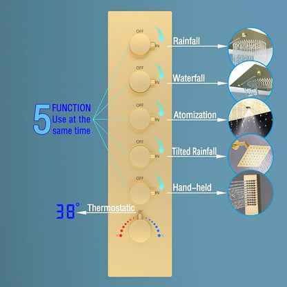 Enga Luxury Dual Shower Head System LED Thermostatic Shower System with 6 inch Wall Shower, 20-Inch 3 Function Shower Head (Rainfall & Mist & Waterfall), Brushed Gold