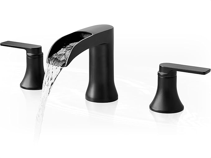 Black Bathroom Faucet 3 Hole, Brass Bathroom Waterfall Faucet 2 Handle, 4-16 Inch Widespread Bathroom Sink Faucets, Restroom Sink Faucet for Vanity with Supply Hoses, NO Equipped Pop-up Drain