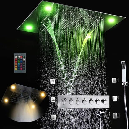 CASCADA 23"x31" LED Shower System with Handheld Shower | 6 Functions (Rainfall, Waterfall, Curtain, Misty, Body Jets & Handheld) | 7 Knob Valve (Non Music, Polished Stainless Steel)