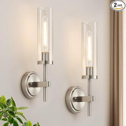 MOKATNG Wall Sconces Set of Two, Brushed Nickel Bathroom Sconces with Clear Glass, Hardwired Sconces Wall Decor Set of 2, Modern Wall Light Fixtures for Bathroom Mirror Living Room Bedroom Hallway