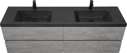 72" Floating Bathroom Vanity with Double Sink, Modern Wall-Mounted Bathroom Storage Vanity Cabinet with Two Black Quartz Sand Top Basins and Four Soft Close Drawers, Cement Grey