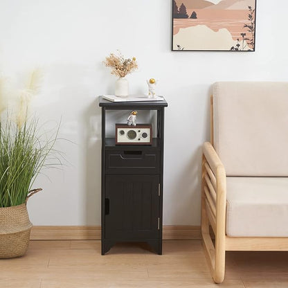 Assembled 30in Height Nightstand, Pre- Assembled Bathroom Floor Cabinet with Shelf and Storage Drawer, Black Tall End Table No Assembly Chest for Living Room Bedroom