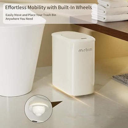 MRBIN Metal Motion Sensor Bathroom Trash Can with Lid and Wheels, 10L/2.6gal Automatic Removable Slim Electric Narrow Waste Basket for Near Desk Office, Bedroom, Kitchen, Rv, White