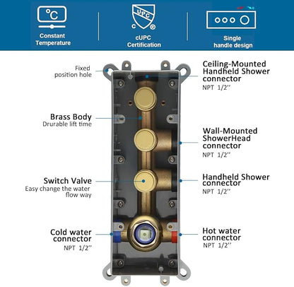 Shower Faucet Set Brushed Gold Bathroom Rainfall Shower System, 12 Inch Ceiling Mount Shower Head with 6 Inch Wall Mount Shower Head, Include Shower Valve and Trim Kit