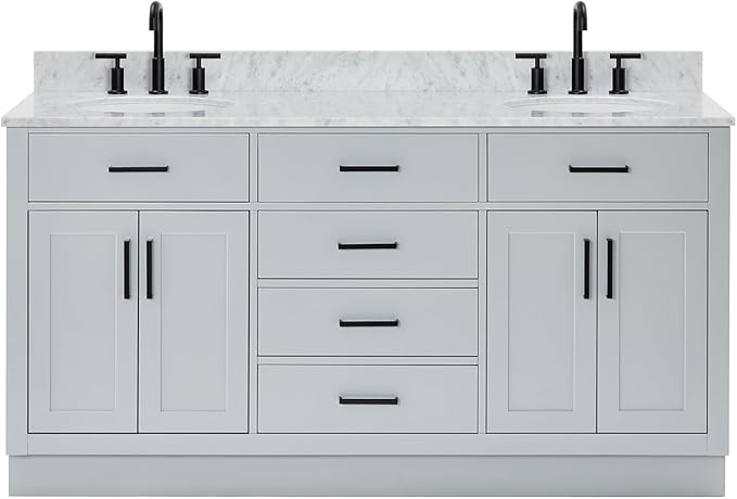 ARIEL Hepburn 66-inch Bathroom Vanity with Sink,Solid Wood, 0.75-inch Italian Carrara Marble Countertop & Backsplash, Double Oval Porcelain Sink, 4 Soft Closing Doors, 6 Dovetail Drawers, Grey
