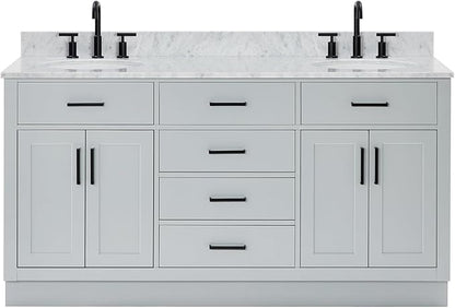 ARIEL Hepburn 66-inch Bathroom Vanity with Sink,Solid Wood, 0.75-inch Italian Carrara Marble Countertop & Backsplash, Double Oval Porcelain Sink, 4 Soft Closing Doors, 6 Dovetail Drawers, Grey