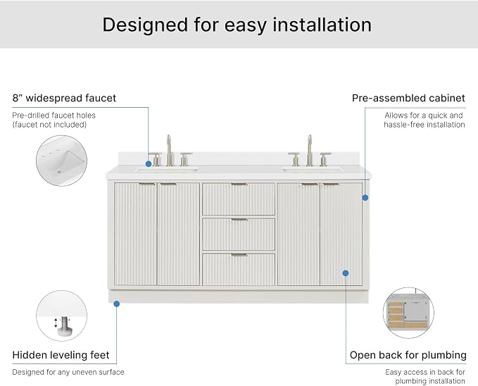 ARIEL Milan 72-inch Bathroom Vanity with Sink,Solid Wood, 1.5-inch Pure White Quartz Countertop & Backsplash, Double Rectangular Porcelain Sink, 4 Soft Closing Doors, 3 Dovetail Drawers, Warm White