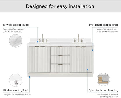 ARIEL Milan 72-inch Bathroom Vanity with Sink,Solid Wood, 1.5-inch Pure White Quartz Countertop & Backsplash, Double Rectangular Porcelain Sink, 4 Soft Closing Doors, 3 Dovetail Drawers, Warm White