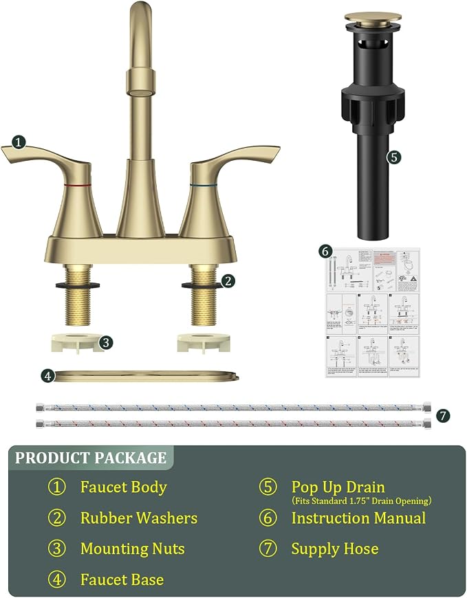 Brushed Gold Bathroom Faucet 3 Hole 4 Inch Bathroom Sink Faucets | Stainless Steel 2 Handle Centerset Faucet for Bathroom Sink Vanity with Pop Up Drain and 4 Supply Hoses by Evolvegoods