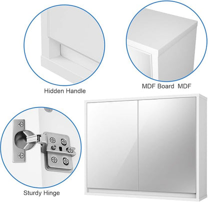 Tangkula Bathroom Medicine Cabinet, 2-Tier Wall-Mounted Storage Cabinet with Double Mirror Doors, Multipurpose Kitchen Bathroom Medicine Storage Cabinet, White (22" x 18")