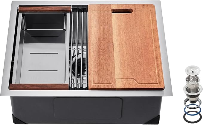 VEVOR 23 inch Kitchen Single Sink, 304 Stainless Steel Undermount Sink Drop-In Single Bowl Farmhouse Basin with Ledge & Multiple Accessories, Household Dishwasher Sinks for Prep Kitchen, Bar 23"*19"