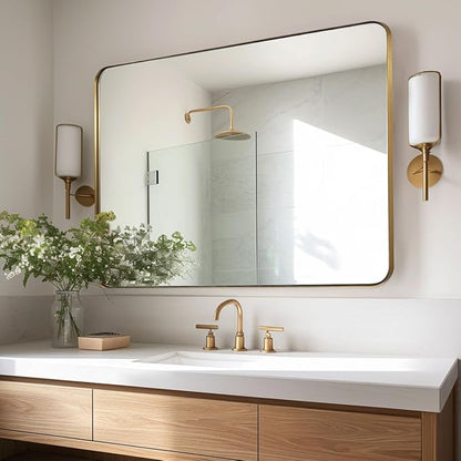Gold Bathroom Mirror for Wall, 20x28” Brushed Brass Metal Rounded Corner Rectangle Mirror, Wall Mirror in Stainless Steel Metal Frame, 1" Deep Set Design Hangs Horizontal Or Vertical