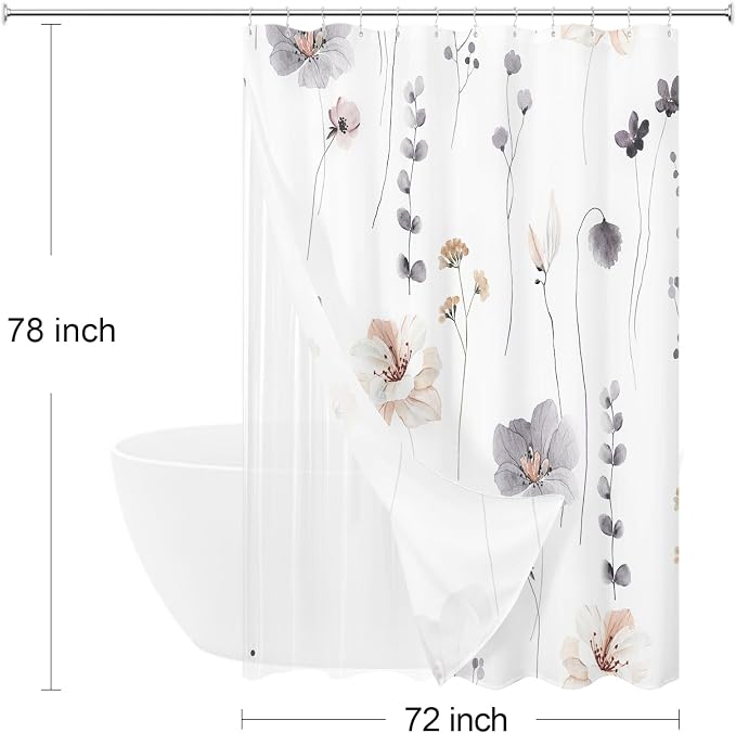 Long 3 in 1 Shower Curtain Set, 72x78 | Long 3 in 1 Shower Curtain Set, PEVA Liner Set & 12 Double Sided Steel Hooks, Waterproof Fabric Bathroom Curtain