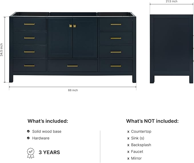 ARIEL Cambridge 66-inch Bathroom Vanity Base Cabinet,Solid Wood, 2 Soft Closing Doors, 9 Dovetail Drawers, Midnight Blue