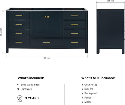 ARIEL Cambridge 66-inch Bathroom Vanity Base Cabinet,Solid Wood, 2 Soft Closing Doors, 9 Dovetail Drawers, Midnight Blue