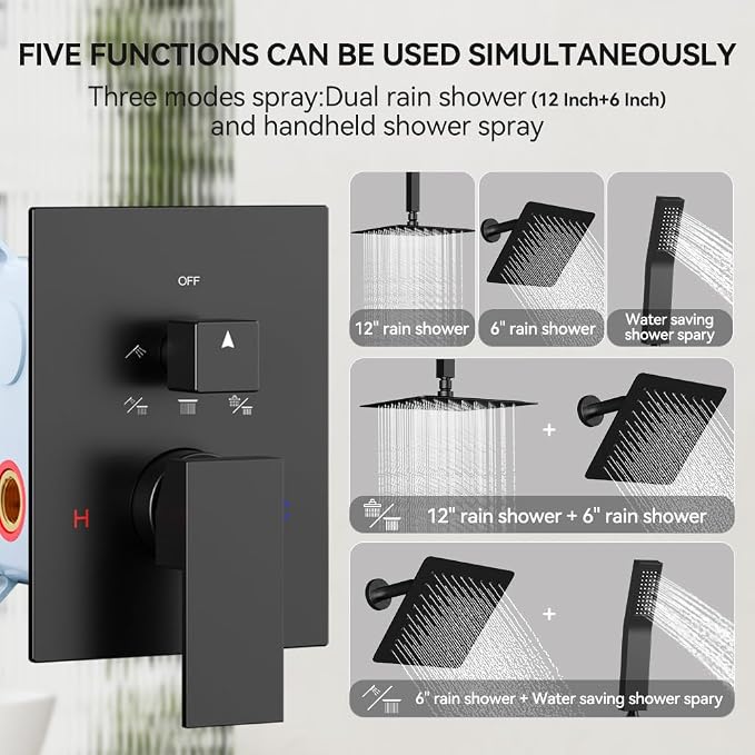 Shower System Shower Faucet Set, STARBATH 12"+6" Ceiling Mount Rain Shower Head and Handheld Spray for Two Person, Rainfall Shower System with Diverter Valve and Trim Kit Complete，Matte Black