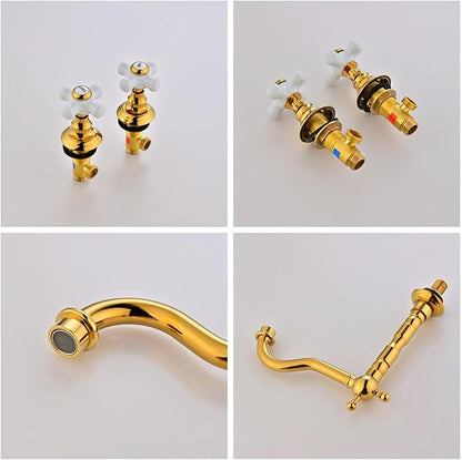 Restroom Vanity Faucet 3 Hole Long Spout Reach 2 Knob Bathroom Faucet Widespread G1/2'' Hot and Cold Water,Brushed Gold
