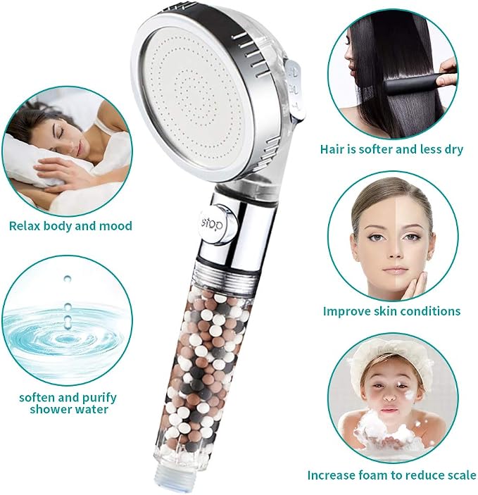 MIAOHUI Zenbody Shower Head with Filter Beads, Shut Off Button | 3 Modes Handheld Filtered Showerhead with On Off Switch, Shower Wand+Hose+Adjustable Bracket+Self-adhesive Holder