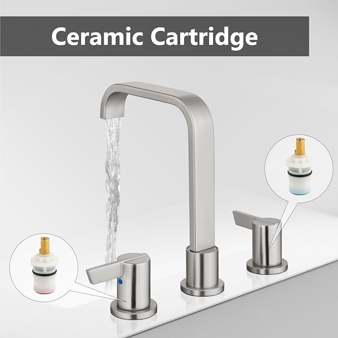 Brushed Nickel Bathroom Faucet 3 Hole 8 Inch Widespread Waterfall | 2-Handle Vanity Faucet, Pop-Up Drain, Supply Lines, Adjustable 4- to 16-Inch Widespread Fit, 360° Swivel Spout