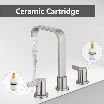Brushed Nickel Bathroom Faucet 3 Hole 8 Inch Widespread Waterfall | 2-Handle Vanity Faucet, Pop-Up Drain, Supply Lines, Adjustable 4- to 16-Inch Widespread Fit, 360° Swivel Spout