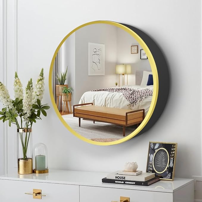 Movo 28 Inch x 28 Inch Bathroom Round Aluminum Medicine Cabinet with Mirror, Circular Storage Cabinet Surface Mounted Gold