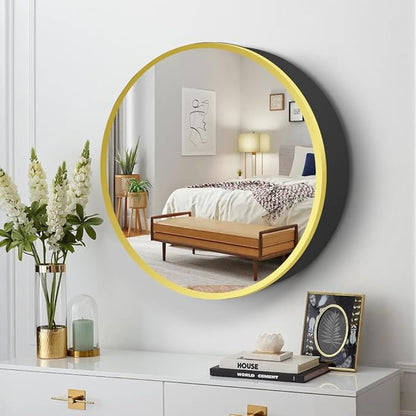 Movo 26 Inch x 26 Inch Round Circle Black Aluminuml Framed Bathroom Mirror Medicine Cabinet, Circular Storage Cabinet Surface Mounted Gold