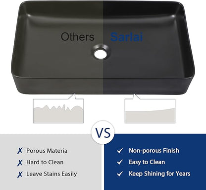 Sarlai Black Vessel Sink Rectangular - 24"x14" Modern Bathroom Vessel Sink Rectangle Above Counter Black Ceramic Porcelain Lavatory Vanity Sink Art Basin