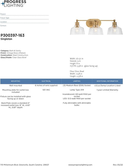 Progress Lighting P300397-163 Singleton Collection 3-Light Vanity Light Vintage Brass
