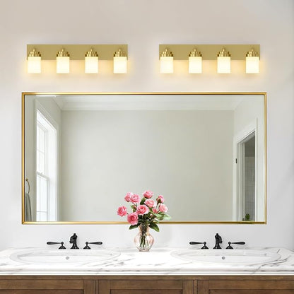 IZORRO Bathroom Vanity Light Fixture, 4-Light 30 Inch Gold Bathroom Light Fixtures Over Mirror, with White Glass Shade, Modern Farmhouse Vanity Lights, Rustic Restroom Lighting Fixtures