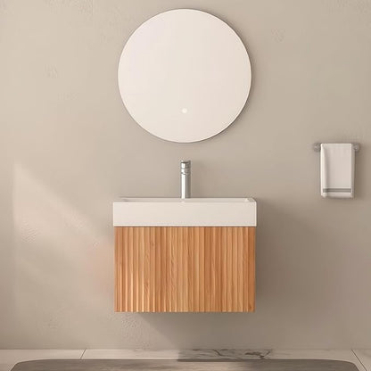 Floating Bathroom Vanity with Sink, Nature Soild Wood Cabinet with Ceramic Basin, Extra Large Storage Drawer & Pre-Assembled Vanities for Bathroom, Powder Room (Nature C Style, 24")