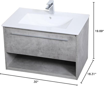 Elegant Decor Kasper 30" Single Porcelain Top Floating Bathroom Vanity in Gray