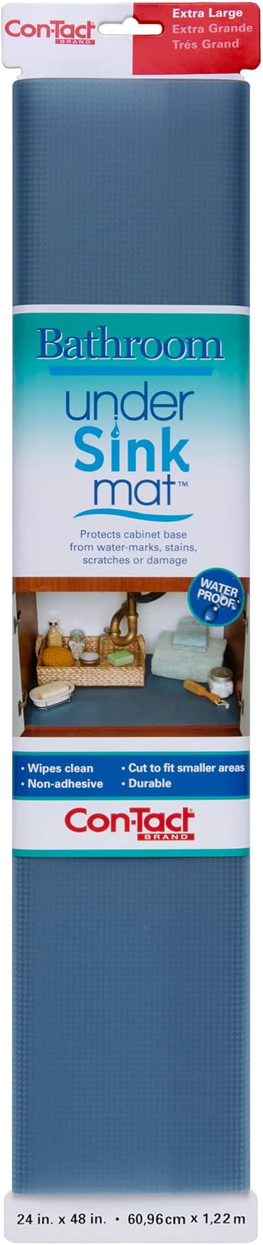 Con-Tact Brand Under Sink Mat, Waterproof Mat for Under Kitchen Sink, Bathroom, and Laundry Room, Non-Adhesive and Durable Shelf Liner, Easy to Clean, 24" x 48", Blue Woven