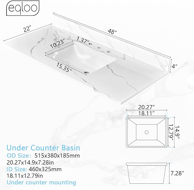 48 in. W x 22 in D Quartz Vanity Top in Calacatta Rocky, Vanity Sink Top with Assembled Single Drop-in Sink, Pre-Drilled Widespread Faucet Holes Countertop with 4" H Backsplash