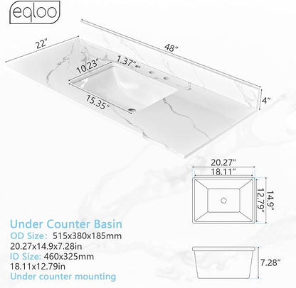 48 in. W x 22 in D Quartz Vanity Top in Calacatta Rocky, Vanity Sink Top with Assembled Single Drop-in Sink, Pre-Drilled Widespread Faucet Holes Countertop with 4" H Backsplash