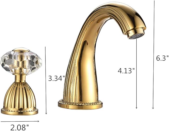 Bathroom Sink Faucet 3 Hole Deck Mounted Widespread Brass Bathroom Faucet Crystal Handle Mixer Tap,Gold(Ti-PVD)